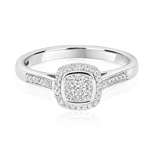 9ct White Gold Diamond Cushion Shape Cluster Ring