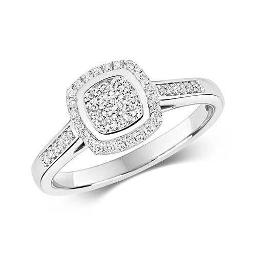9ct White Gold Diamond Cushion Shape Cluster Ring