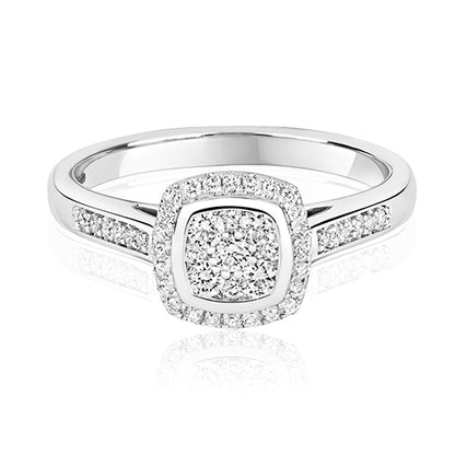 9ct White Gold Diamond Cushion Shape Cluster Ring