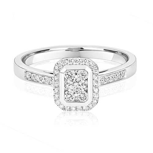 9ct White Gold Diamond Cluster Emerald Shape Ring
