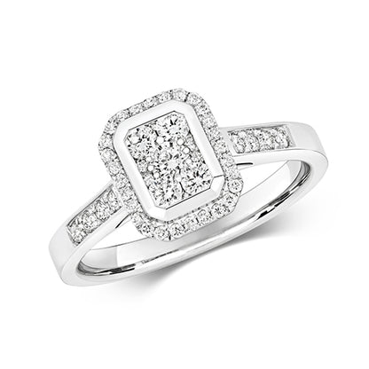 9ct White Gold Diamond Cluster Emerald Shape Ring