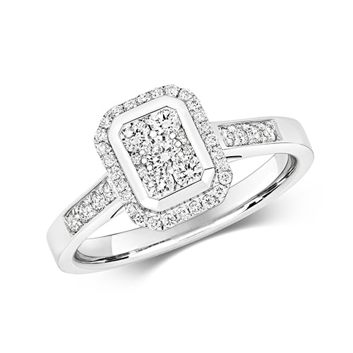 9ct White Gold Diamond Cluster Emerald Shape Ring