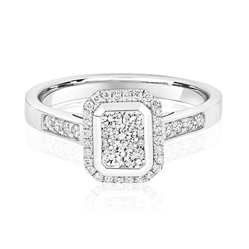 9ct White Gold Diamond Cluster Emerald Shape Ring