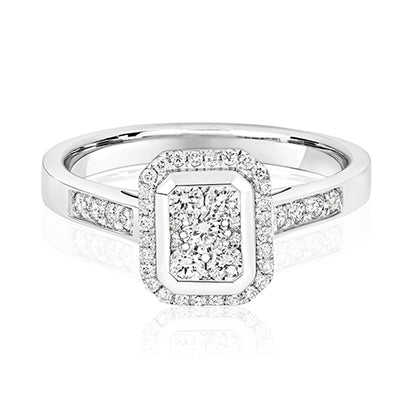9ct White Gold Diamond Cluster Emerald Shape Ring