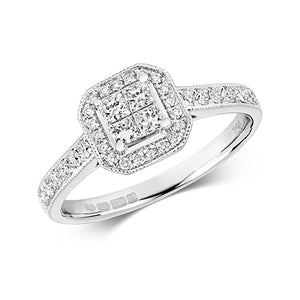 18ct White Gold Diamond Cluster With Princess Cut Centre Ring