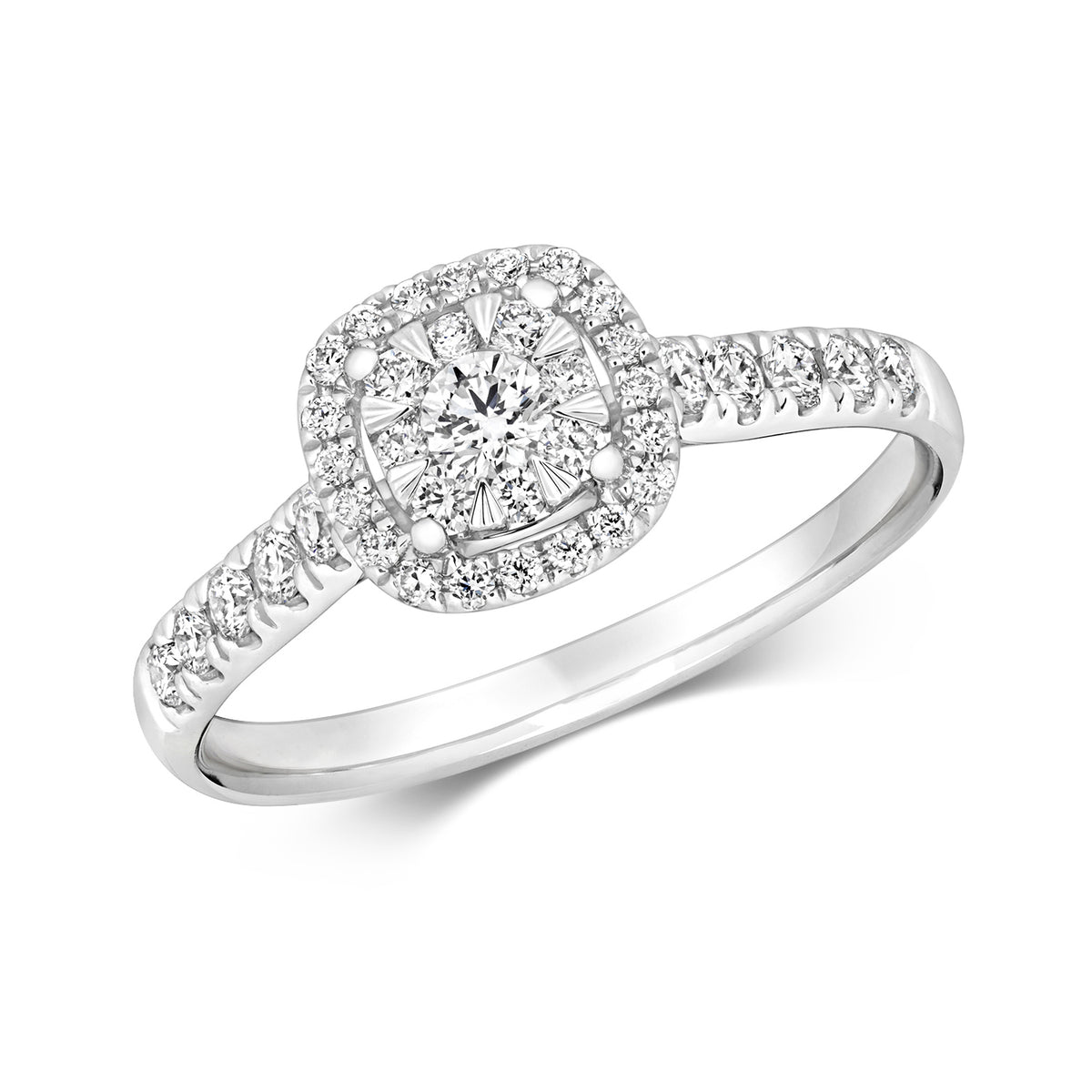 18ct White Gold Diamond Cushion Halo Ring