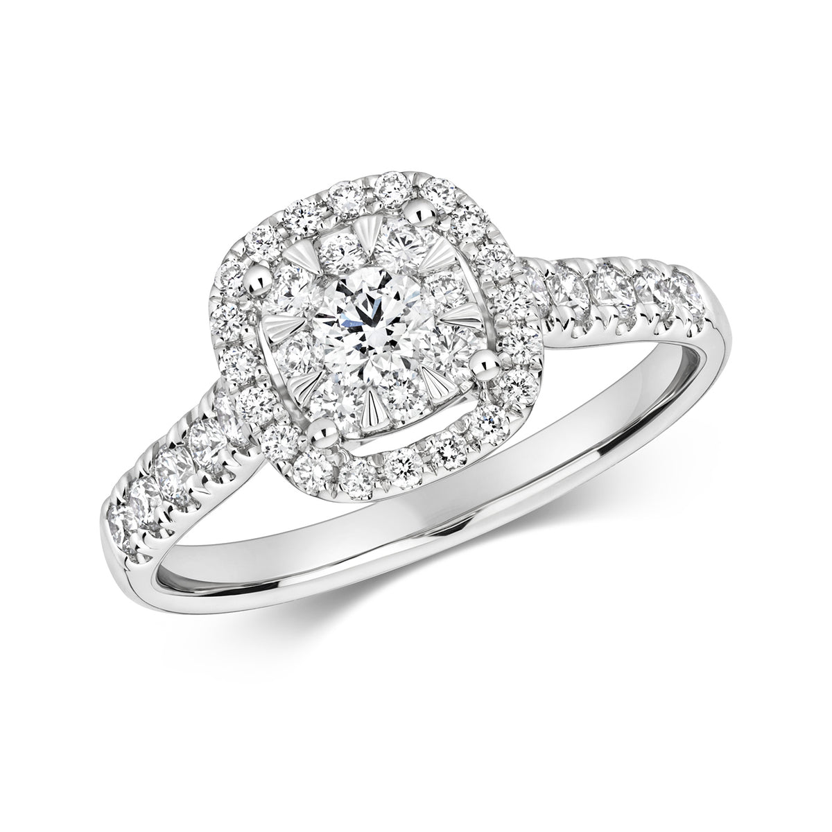 18ct White Gold Diamond Cluster Cushion Shape Halo Ring