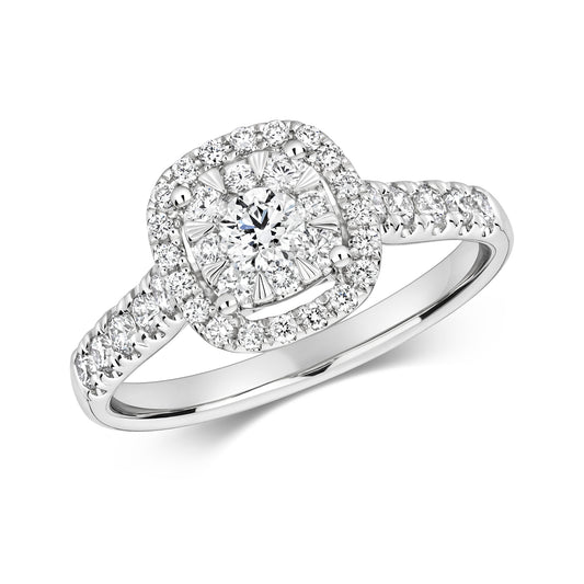 18ct White Gold Diamond Cluster Cushion Shape Halo Ring