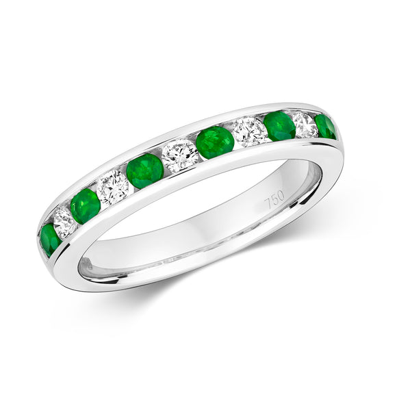 18ct White Gold 11 Stone Emerald & Diamond Channel Set Ring