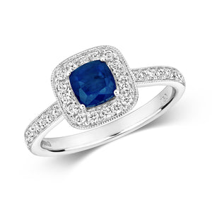18ct White Gold 32 Stone Diamond & Cushion Shape Sapphire Ring