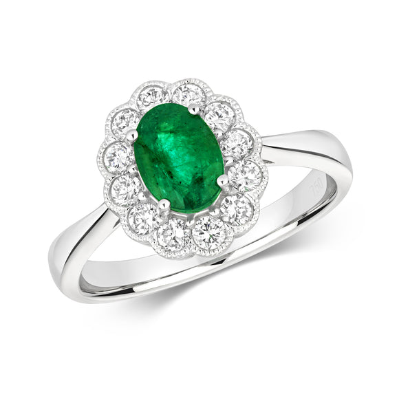 18ct White Gold Oval Emerald & Diamond Cluster Ring With Scallop Edge