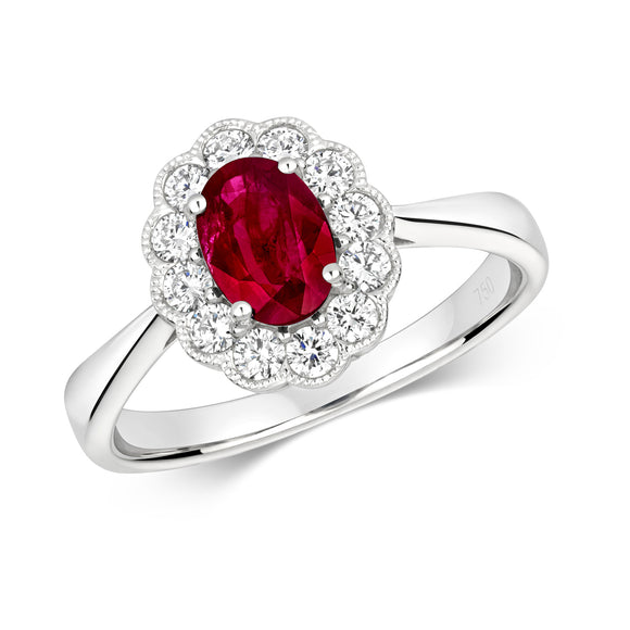 18ct White Gold Ruby & Diamond Cluster Ring With Scallop Edge