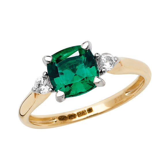 9ct Yellow Gold Created Emerald & White Sapphire Cushion Dress Ring