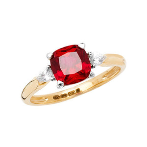 9ct Yellow Gold Cushion Created Ruby & White Sapphire Dress Ring