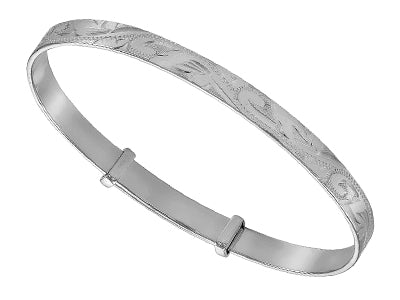 STERLING SILVER 4MM WIDE BABYS EXPANDING BANGLE WITH HAND ENGRAVED PATTERN