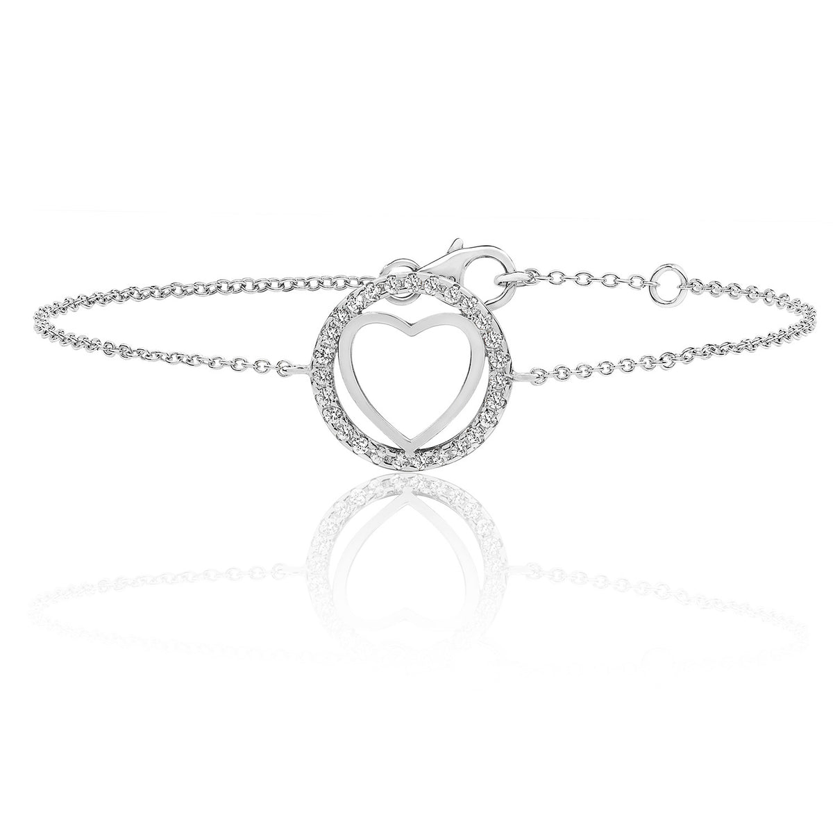 Sterling Silver Plain Heart Within Round Halo CZ Bracelet