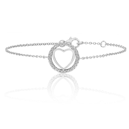 Sterling Silver Plain Heart Within Round Halo CZ Bracelet