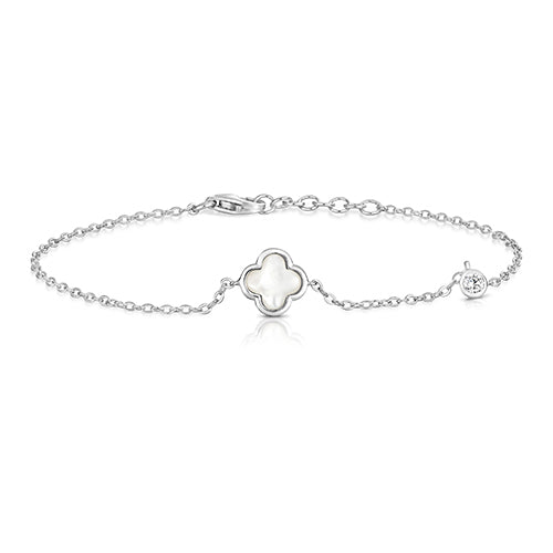 Sterling Silver Mother of Pearl Clover Shape Round CZ Bracelet
