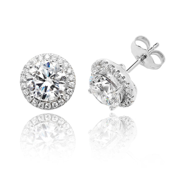 Sterling Silver Claw Set Halo Round  CZ Stud Earrings