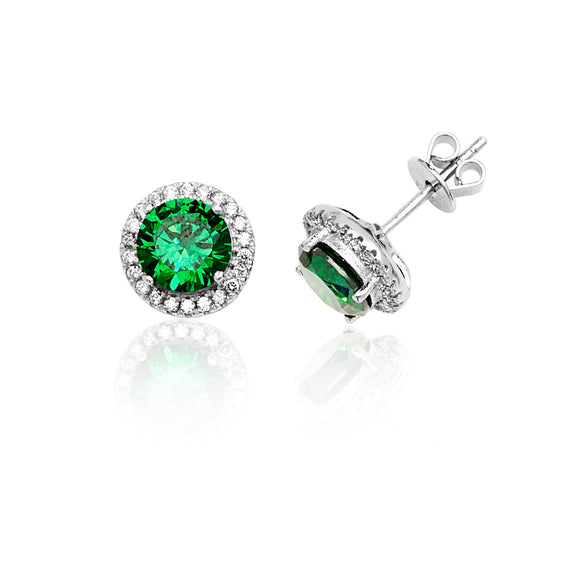 Sterling Silver Claw Set Halo Style Round Green CZ Stud Earrings