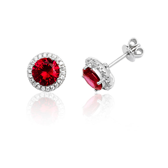 Sterling Silver Claw Set Halo Style Round Red CZ Stud Earrings