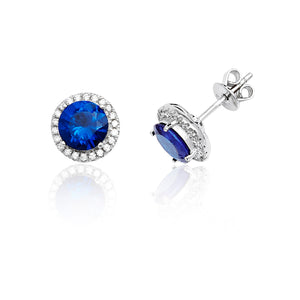 Sterling Silver Claw Set Halo Style Round Blue CZ Stud Earrings