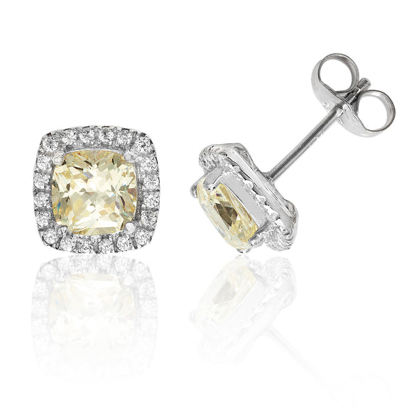 Sterling Silver Claw Set Halo Style Cushion Yellow CZ  Stud Earrings