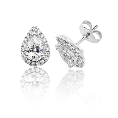 Sterling Silver Claw Set Halo Style Pear Shape CZ Stud Earrings