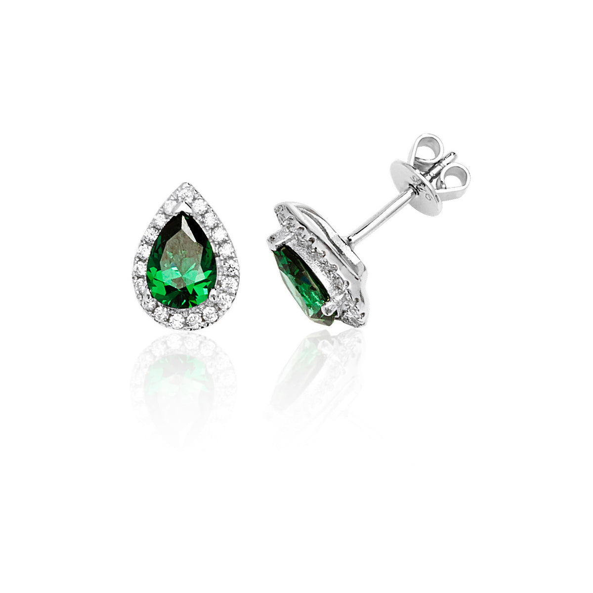 Sterling Silver Claw Set Halo Style Pear Shape Green CZ Stud Earrings