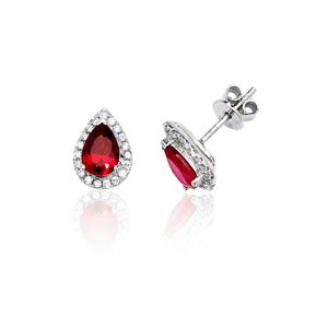 Sterling Silver Claw Set Halo Style Pear Shape Red CZ Stud Earrings