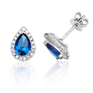 Sterling Silver Claw Set Halo Style Pear Shape Blue CZ Stud Earrings