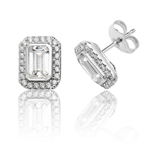 Sterling Silver Bezel Set Halo Style Emerald Cut CZ Stud Earrings