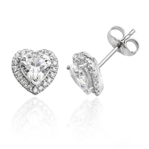Sterling Silver Claw Set halo Style Heart Shape CZ Stud Earrings