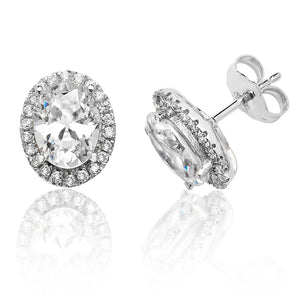 Sterling Silver Claw Set Halo Style Oval CZ Stud Earrings