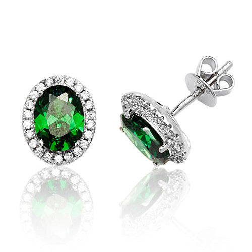 Sterling Silver Claw Set Halo Style Oval Green CZ Stud Earrings