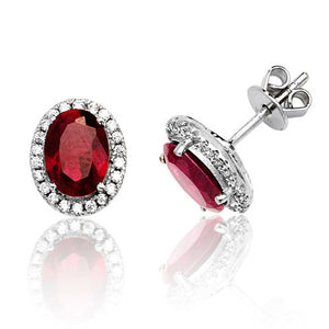 Sterling Silver Claw Set Halo Style Oval Red Stud Earrings