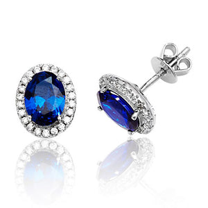 Sterling Silver Claw Set Halo Style Oval Blue CZ Stud Earrings