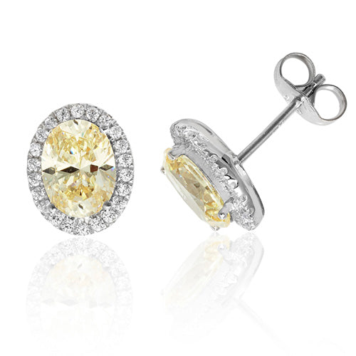 Sterling Silver Claw Set Halo Style Oval Yellow CZ Stud Earrings