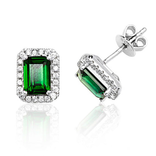 Sterling Silver Claw Set Halo Style Emerald Cut Green CZ Stud Earrings