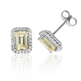 Sterling Silver Claw Set Halo Style Emerald Cut Yellow CZ Stud Earrings