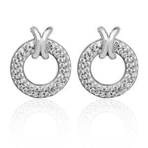 Sterling Silver Pave Style Circle With Cross Loop CZ Stud Earrings