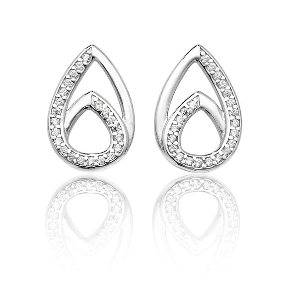 Sterling Silver Double Pear Shape Plain & CZ Stud Earrings
