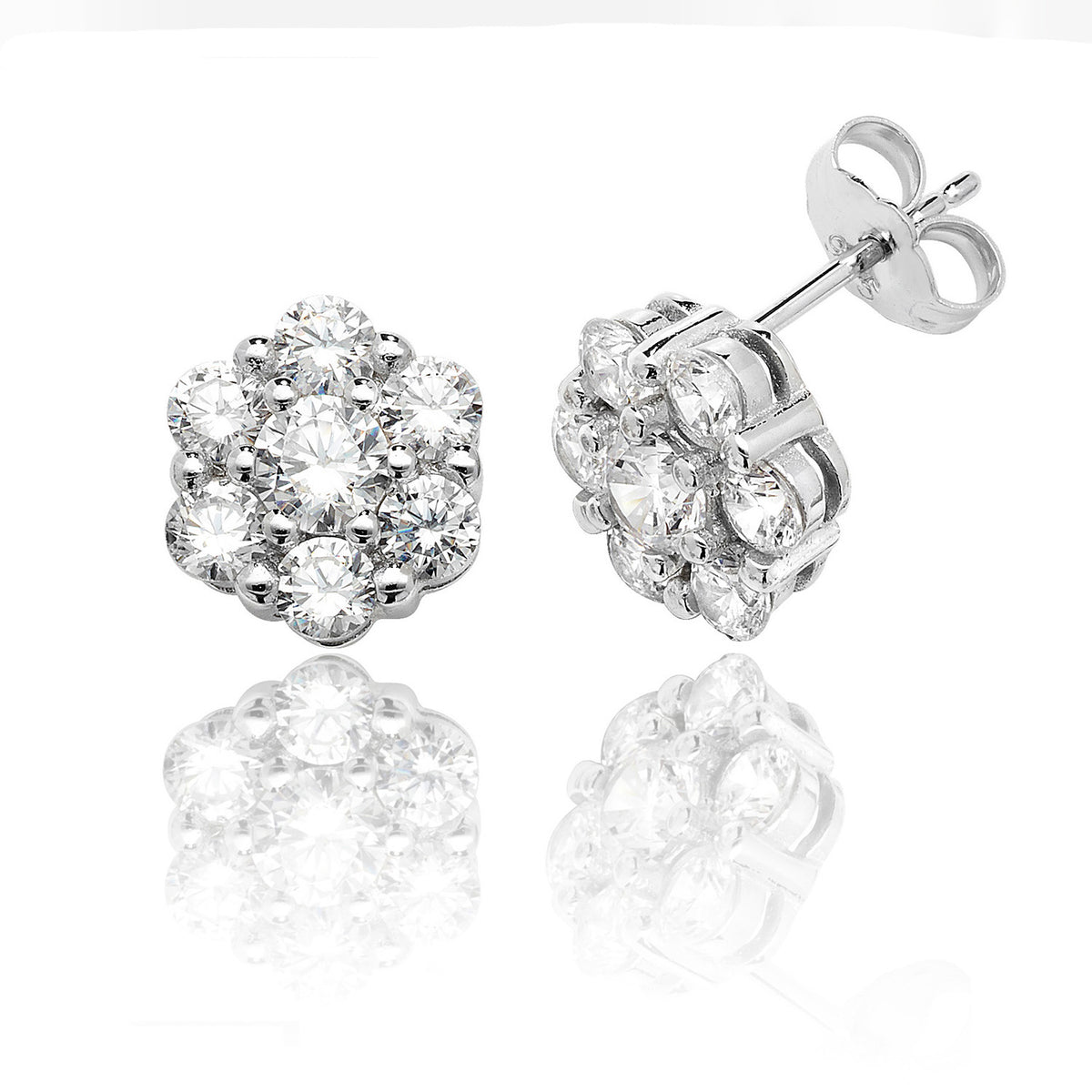 Sterling Silver Round Cluster Style CZ Stud Earrings