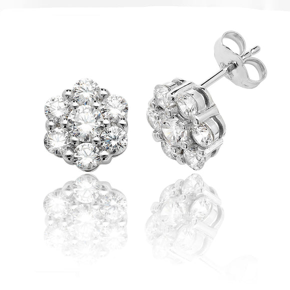 Sterling Silver Round Cluster Style CZ Stud Earrings