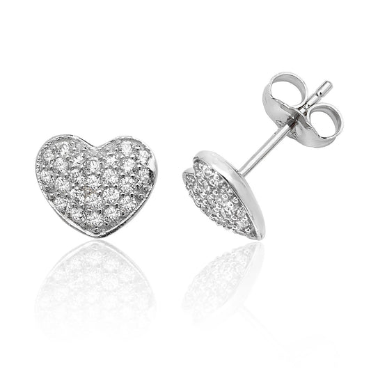 Sterling Silver Pave Heart CZ Stud Earrings