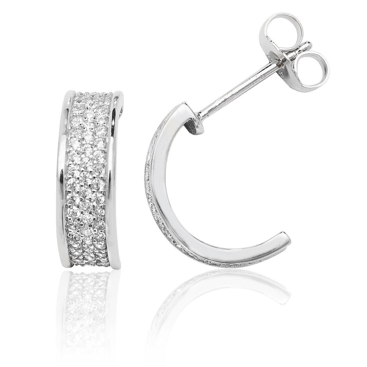 Sterling Silver Three Row Pave Half Hoop CZ Stud Earrings