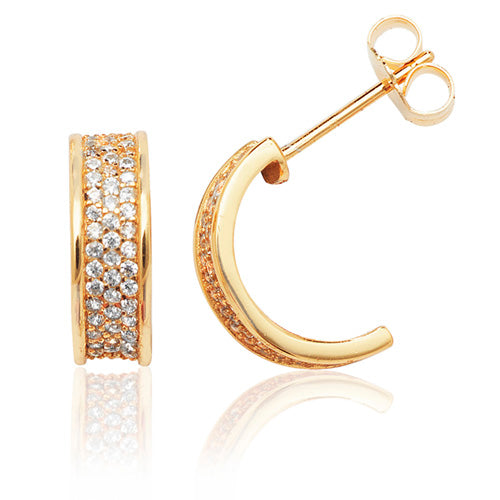 Sterling Silver Gold Plated Three Row Pave Half Hoop CZ Stud Earrings