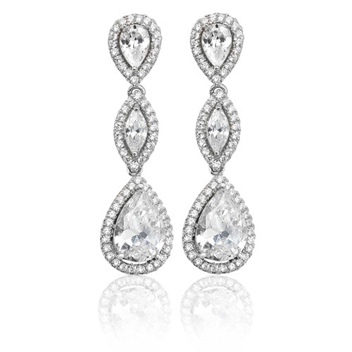 Sterling Silver Pear & Marquise Shape Halo CZ Drop Earrings