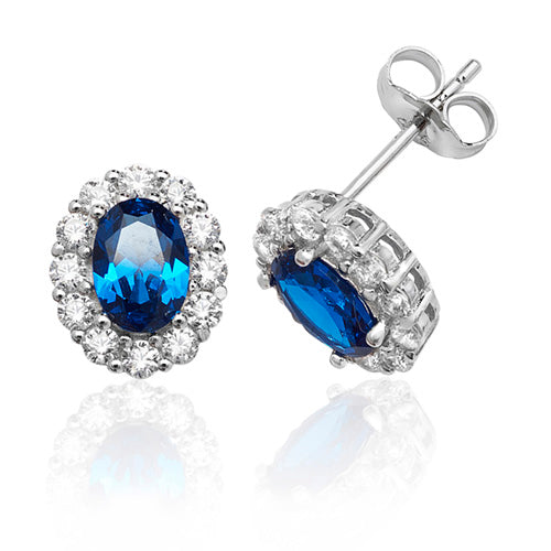 Sterling Silver Blue & White Oval Cluster CZ Stud Earrings