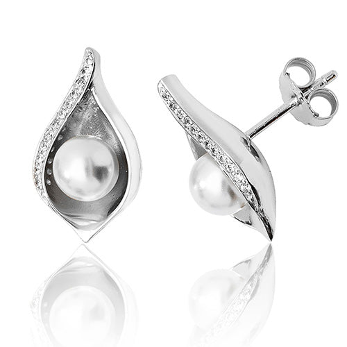 Sterling Silver Shell Design Pearl CZ Stud Earrings